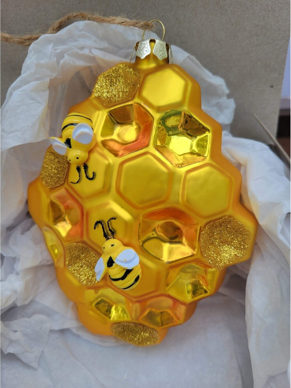 Kurt S. Adler Gold Honeycomb Bees Glass Christmas Bauble Bulb Ornament Decor